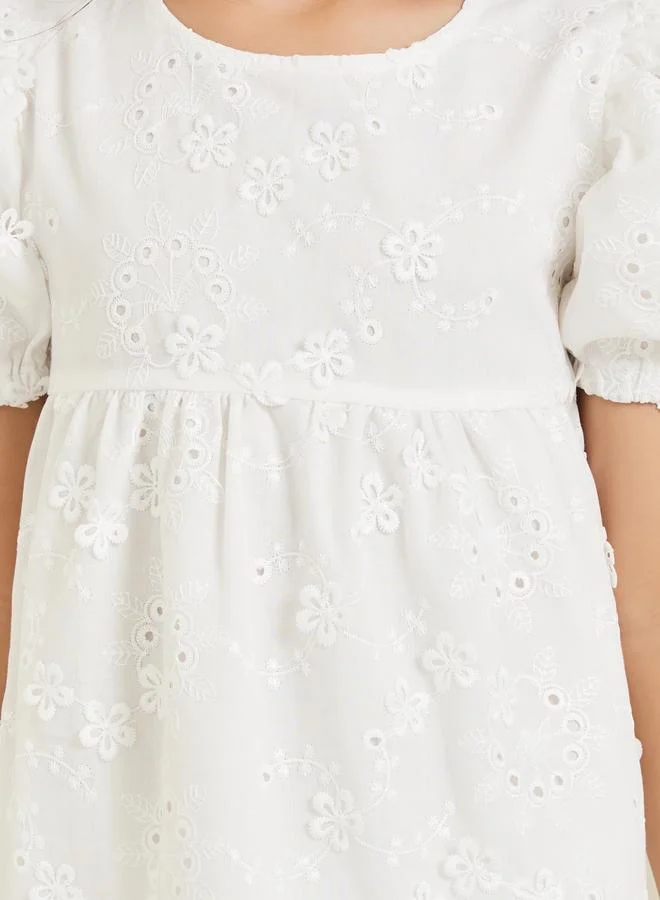 Styli Girls Off-White Floral Puff Sleeve Dress